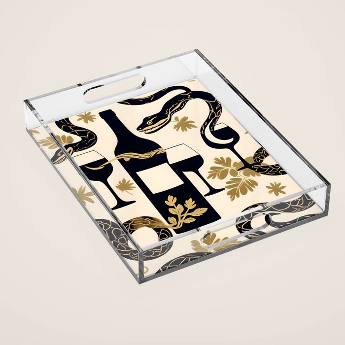 Snakes & Wines, Not Quite Sure If There Were Ladders | Animals Whimsical Drinking Party, Quirky Illustration Line Drawing Wine Alcohol, Vines Game Mystery Sketch Acrylic Tray Gallery Image 1