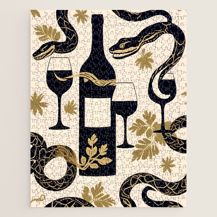 Snakes & Wines, Not Quite Sure If There Were Ladders | Animals Whimsical Drinking Party, Quirky Illustration Line Drawing Wine Alcohol, Vines Game Mystery Sketch Jigsaw Puzzle Gallery Image 1