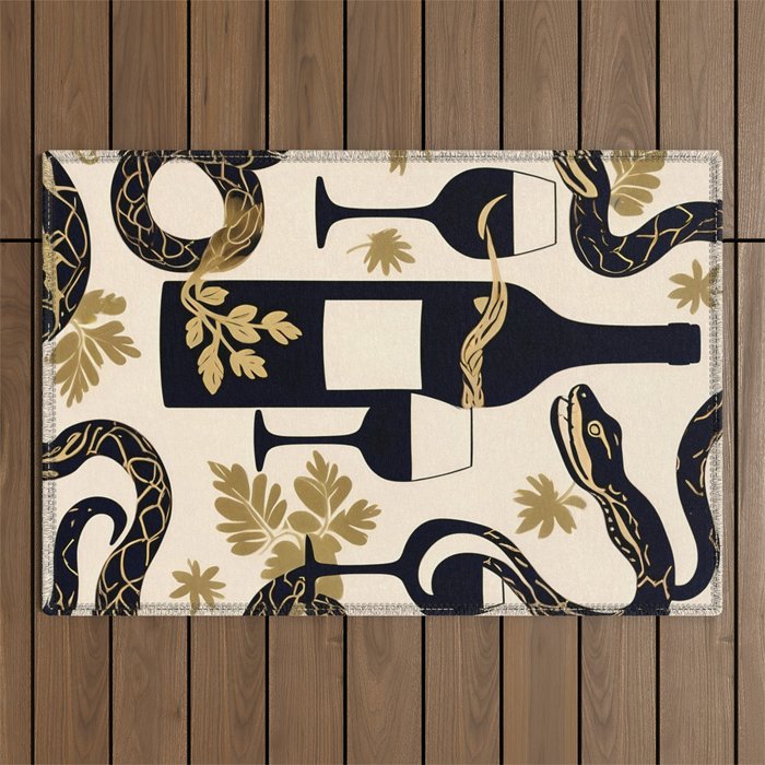 Snakes & Wines, Not Quite Sure If There Were Ladders | Animals Whimsical Drinking Party, Quirky Illustration Line Drawing Wine Alcohol, Vines Game Mystery Sketch Outdoor Rug Gallery Image 1