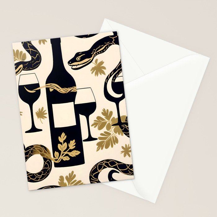 Snakes & Wines, Not Quite Sure If There Were Ladders | Animals Whimsical Drinking Party, Quirky Illustration Line Drawing Wine Alcohol, Vines Game Mystery Sketch Stationery Card Gallery Image 2