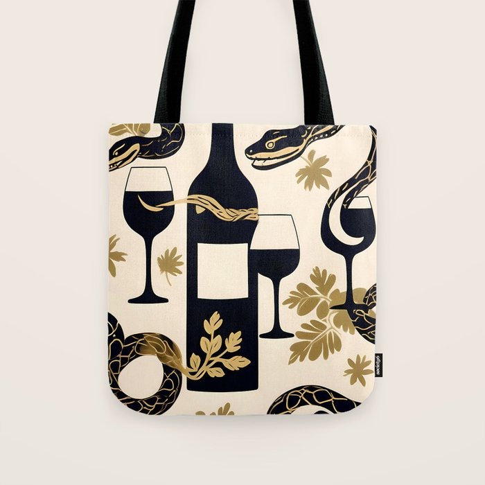 Snakes & Wines, Not Quite Sure If There Were Ladders | Animals Whimsical Drinking Party, Quirky Illustration Line Drawing Wine Alcohol, Vines Game Mystery Sketch Tote Bag Gallery Image 1
