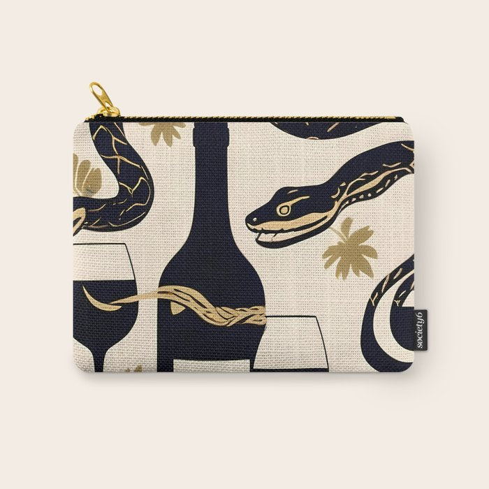 Snakes & Wines, Not Quite Sure If There Were Ladders | Animals Whimsical Drinking Party, Quirky Illustration Line Drawing Wine Alcohol, Vines Game Mystery Sketch Carry All Pouch Gallery Image 1