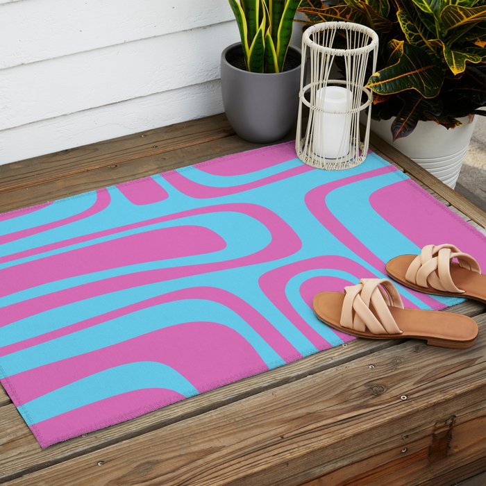 Vaporwave Pink and Blue Retro 80s Palm Springs Abstract Pattern Outdoor Rug Gallery Image 2
