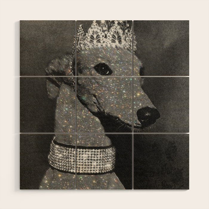 GLITTER QUEEN | art | creative | dog | crown | glamour | style | grey | black and white | diamonds  Wood Wall Art Gallery Image 1