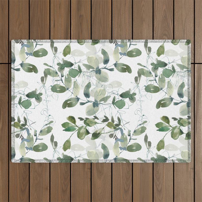 Festive, Watercolor, Leaves Print, White and Green Outdoor Rug Gallery Image 1