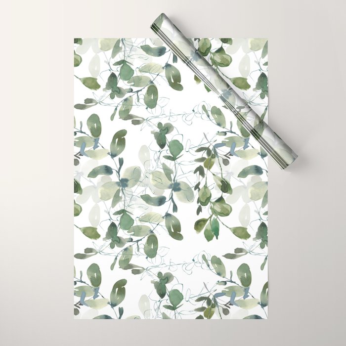 Festive, Watercolor, Leaves Print, White and Green Wrapping Paper Gallery Image 1