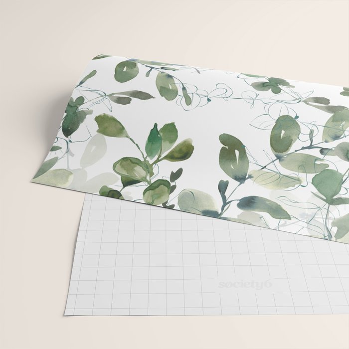Festive, Watercolor, Leaves Print, White and Green Wrapping Paper Gallery Image 2