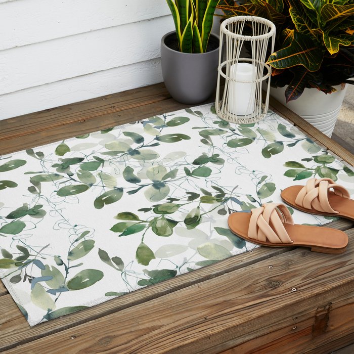 Festive, Watercolor, Leaves Print, White and Green Outdoor Rug Gallery Image 2