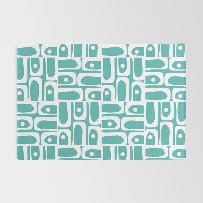 Mid Century Modern Piquet Geometric Multi Pattern Turquoise and White Rug Gallery Image 2