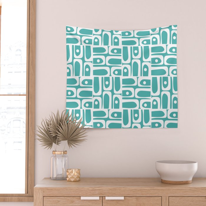 Mid Century Modern Piquet Geometric Multi Pattern Turquoise and White Wall Tapestry Gallery Image 2