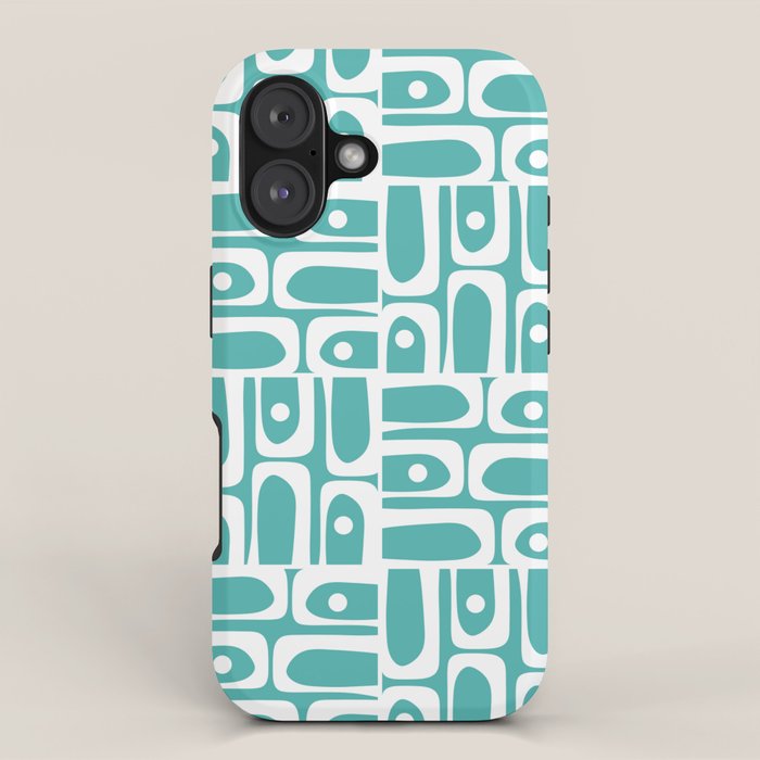 Mid Century Modern Piquet Geometric Multi Pattern Turquoise and White iPhone Case Gallery Image 1
