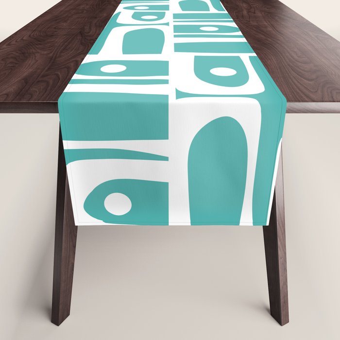 Mid Century Modern Piquet Geometric Multi Pattern Turquoise and White Table Runner Gallery Image 1