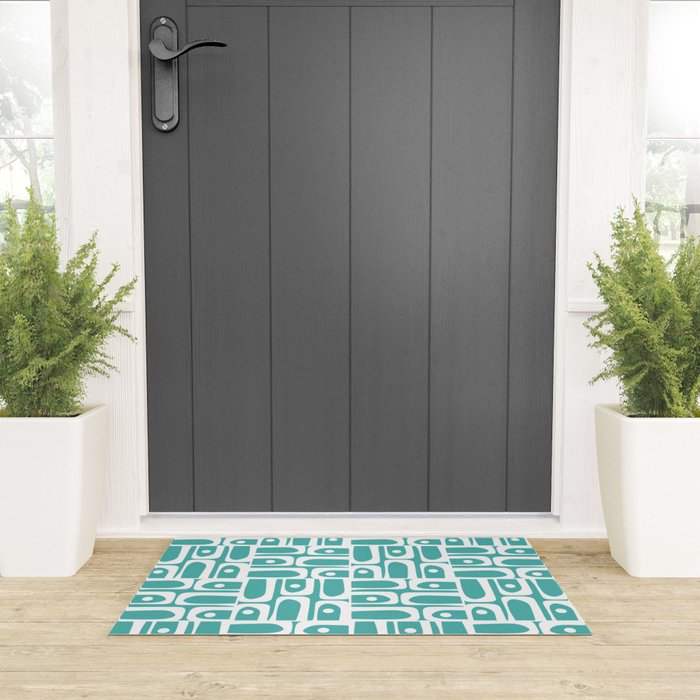 Mid Century Modern Piquet Geometric Multi Pattern Turquoise and White Welcome Mat Gallery Image 3