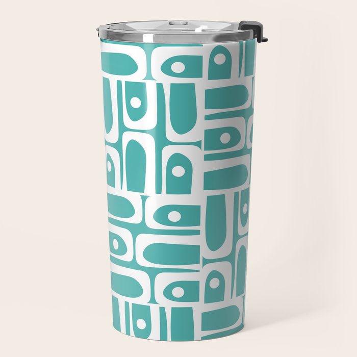 Mid Century Modern Piquet Geometric Multi Pattern Turquoise and White Travel Mug Gallery Image 2