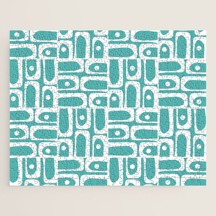 Mid Century Modern Piquet Geometric Multi Pattern Turquoise and White Jigsaw Puzzle Gallery Image 1
