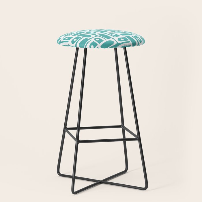Mid Century Modern Piquet Geometric Multi Pattern Turquoise and White Stool Gallery Image 1