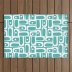 Mid Century Modern Piquet Geometric Multi Pattern Turquoise and White Outdoor Rug Gallery Image 1
