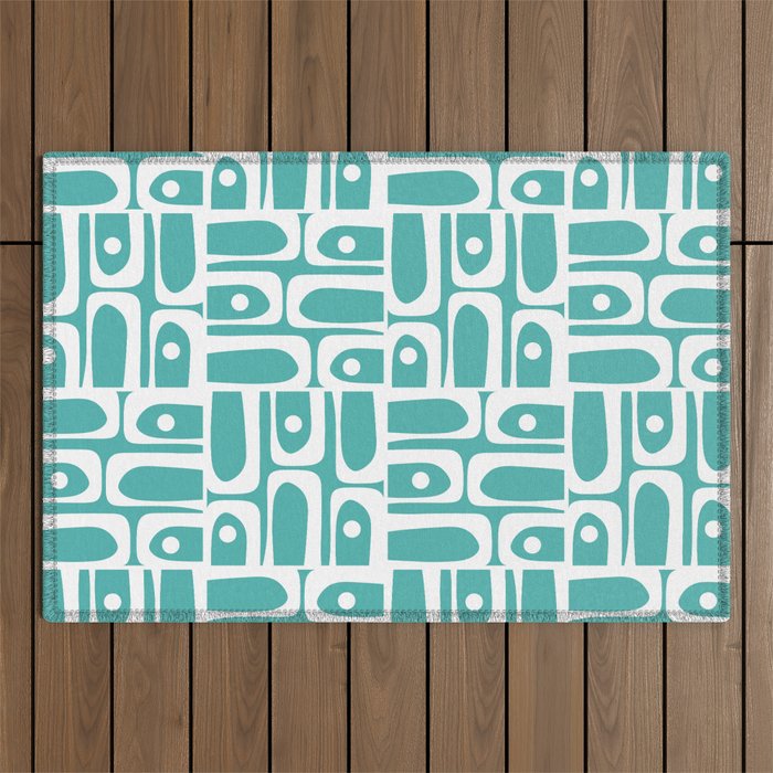 Mid Century Modern Piquet Geometric Multi Pattern Turquoise and White Outdoor Rug Gallery Image 1