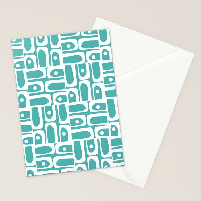 Mid Century Modern Piquet Geometric Multi Pattern Turquoise and White Stationery Card Gallery Image 2