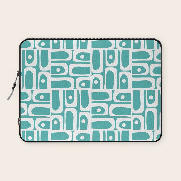 Mid Century Modern Piquet Geometric Multi Pattern Turquoise and White Laptop Sleeve Gallery Image 1