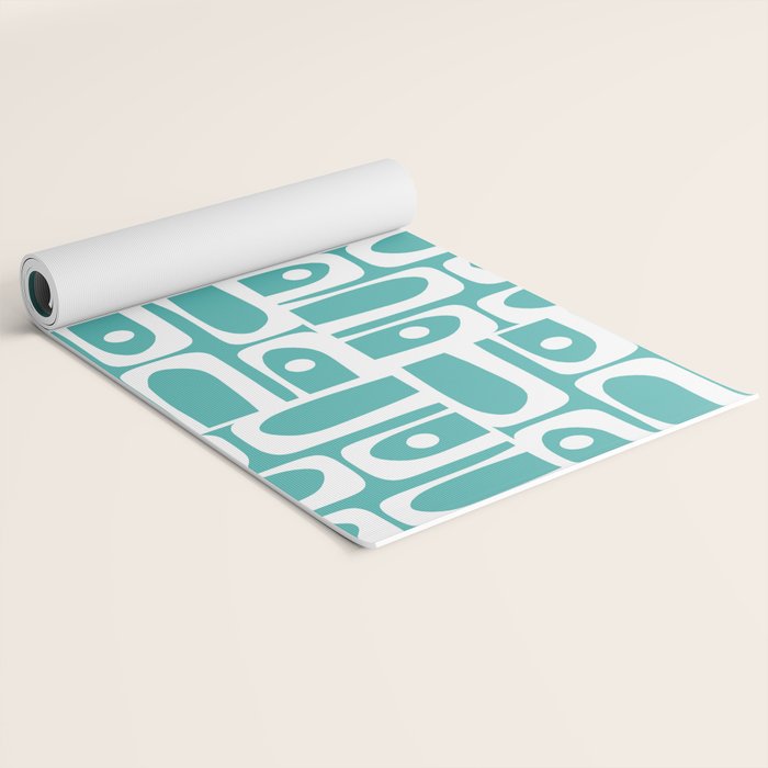 Mid Century Modern Piquet Geometric Multi Pattern Turquoise and White Yoga Mat Gallery Image 2