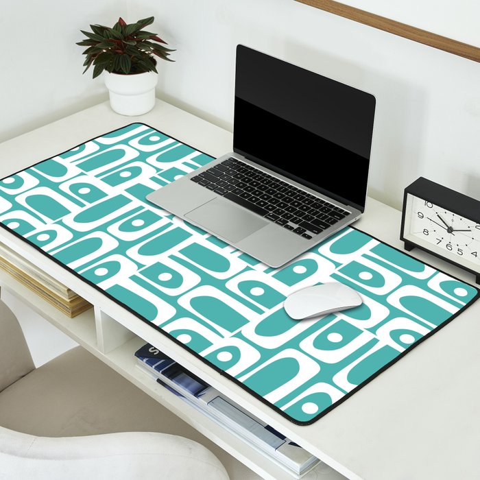 Mid Century Modern Piquet Geometric Multi Pattern Turquoise and White Desk Mat Gallery Image 2