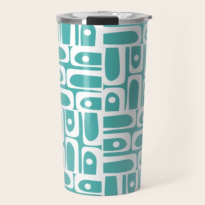 Mid Century Modern Piquet Geometric Multi Pattern Turquoise and White Travel Mug Gallery Image 1