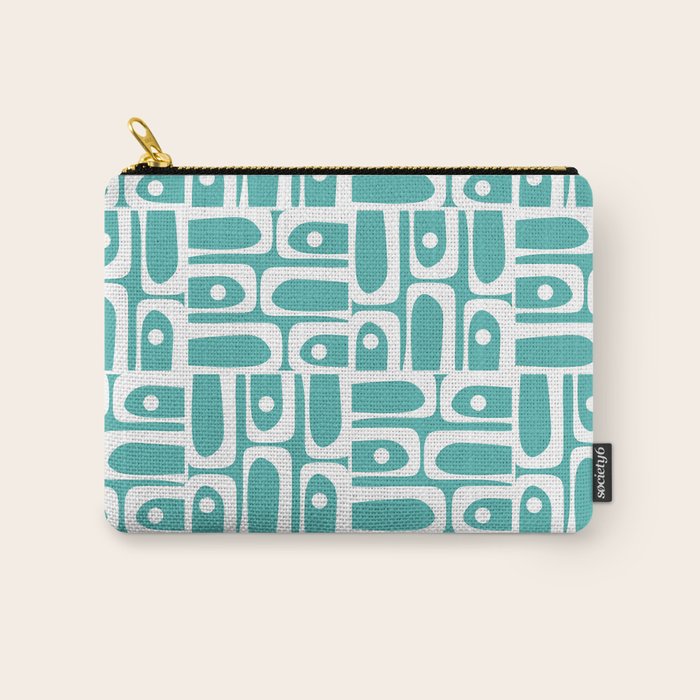 Mid Century Modern Piquet Geometric Multi Pattern Turquoise and White Carry All Pouch Gallery Image 1