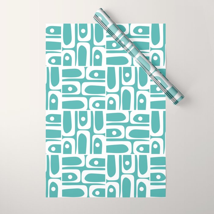 Mid Century Modern Piquet Geometric Multi Pattern Turquoise and White Wrapping Paper Gallery Image 1