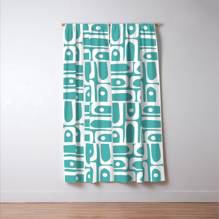 Mid Century Modern Piquet Geometric Multi Pattern Turquoise and White Window Curtain Gallery Image 3