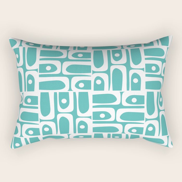 Mid Century Modern Piquet Geometric Multi Pattern Turquoise and White Rectangular Pillow Gallery Image 2