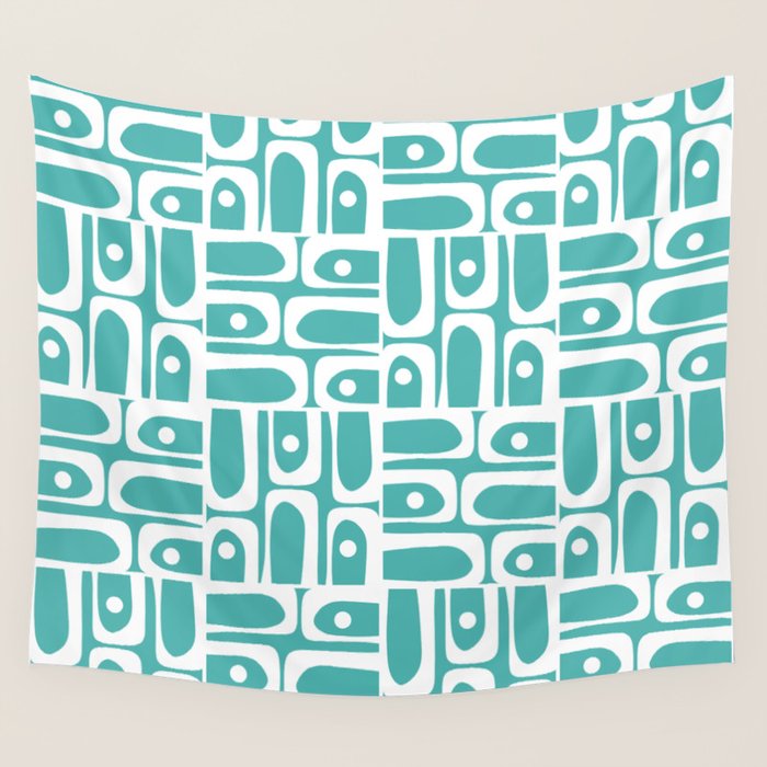 Mid Century Modern Piquet Geometric Multi Pattern Turquoise and White Wall Tapestry Gallery Image 4