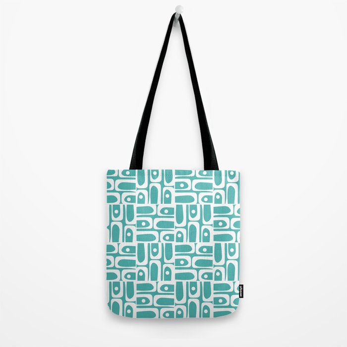 Mid Century Modern Piquet Geometric Multi Pattern Turquoise and White Tote Bag Gallery Image 2