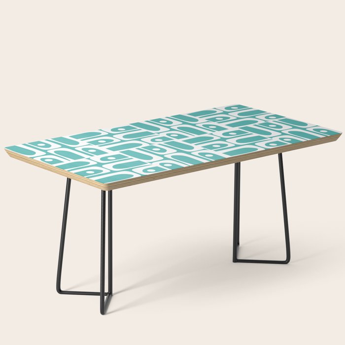 Mid Century Modern Piquet Geometric Multi Pattern Turquoise and White Coffee Table Gallery Image 1