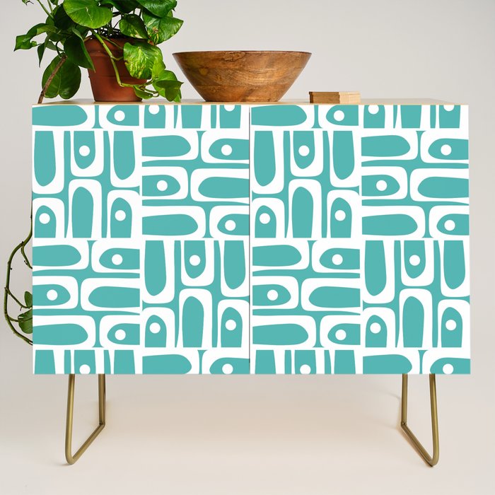 Mid Century Modern Piquet Geometric Multi Pattern Turquoise and White Credenza Gallery Image 1
