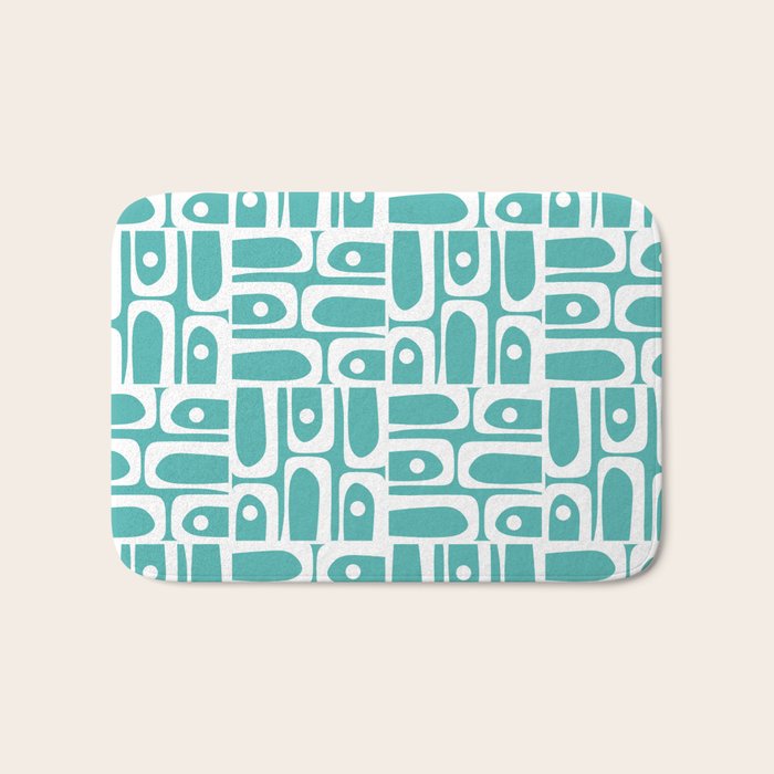 Mid Century Modern Piquet Geometric Multi Pattern Turquoise and White Bath Mat Gallery Image 1