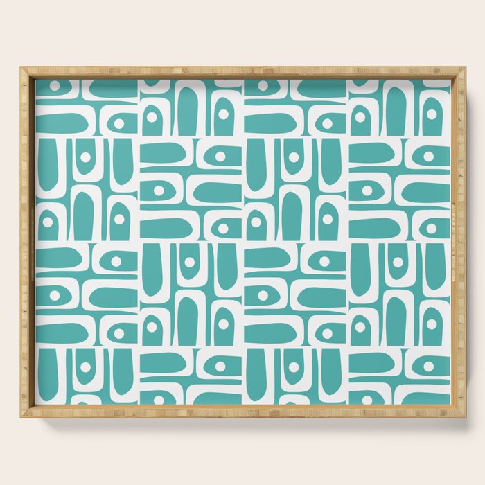 Mid Century Modern Piquet Geometric Multi Pattern Turquoise and White Serving Tray Gallery Image 1