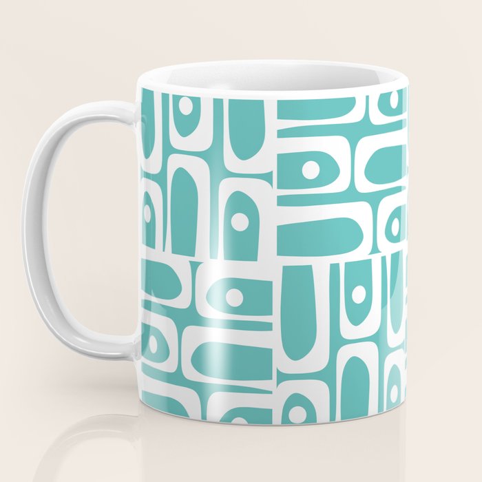 Mid Century Modern Piquet Geometric Multi Pattern Turquoise and White Coffee Mug Gallery Image 3