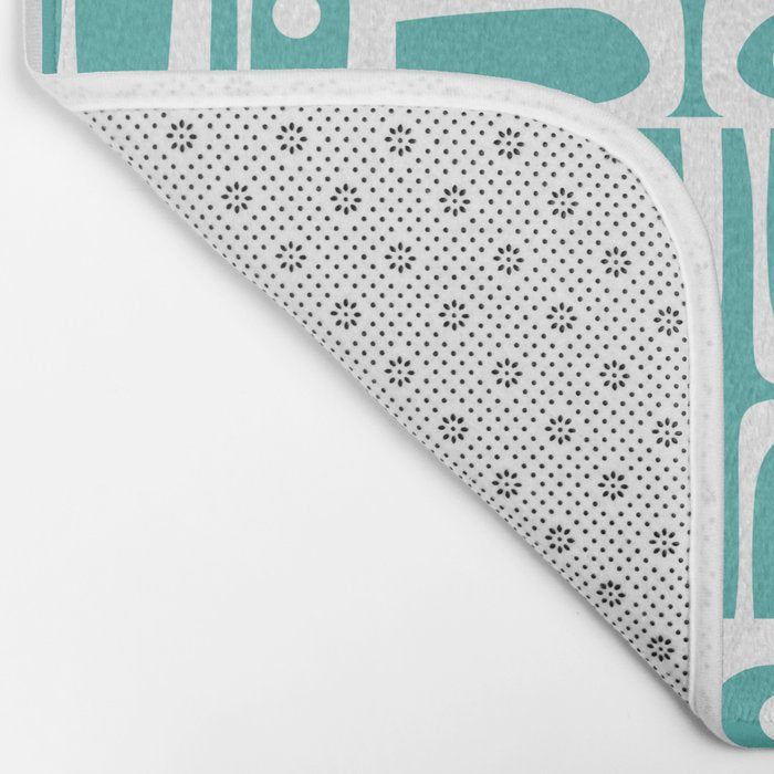Mid Century Modern Piquet Geometric Multi Pattern Turquoise and White Bath Mat Gallery Image 2