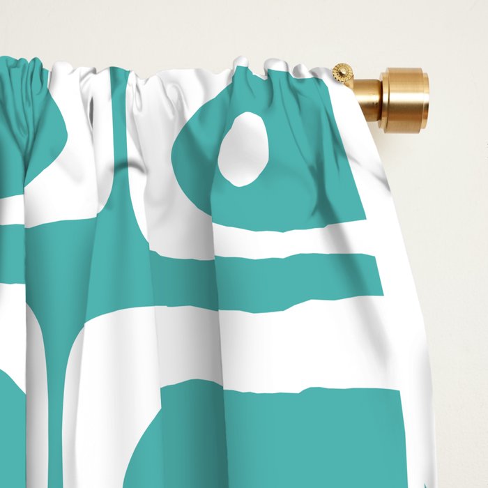 Mid Century Modern Piquet Geometric Multi Pattern Turquoise and White Window Curtain Gallery Image 2