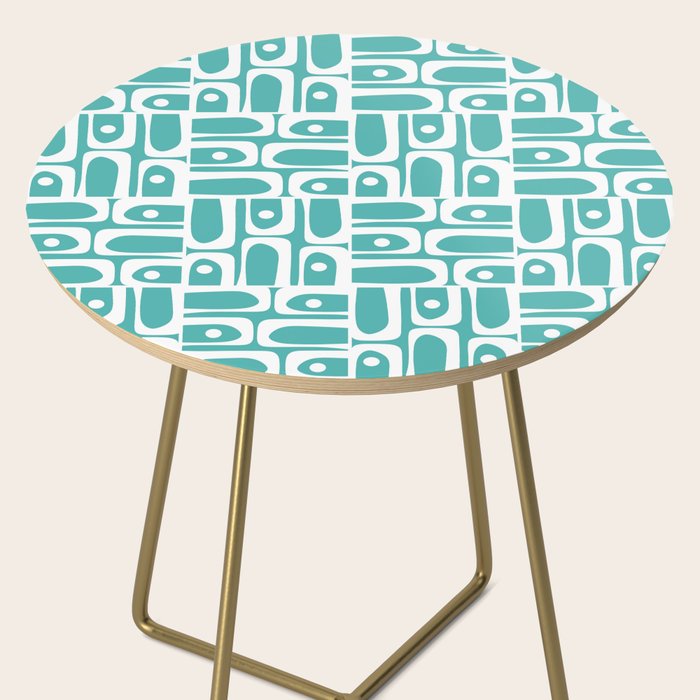 Mid Century Modern Piquet Geometric Multi Pattern Turquoise and White Side Table Gallery Image 2