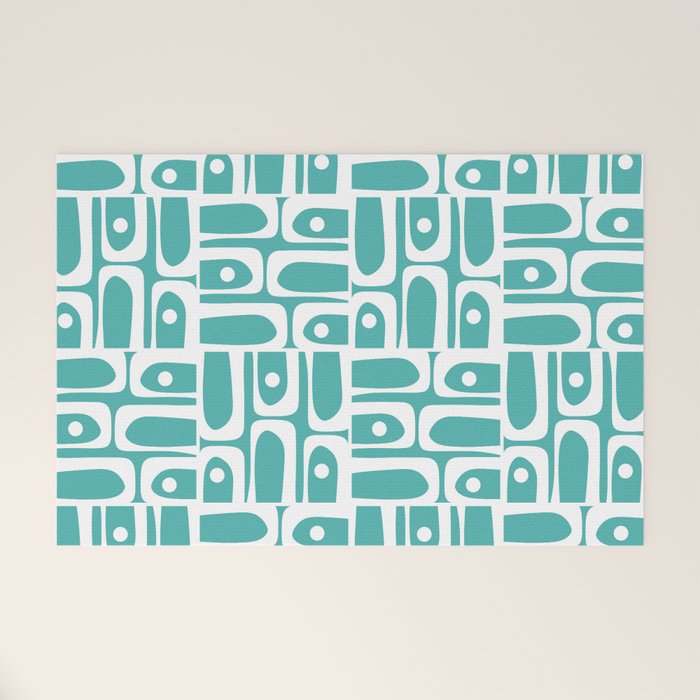 Mid Century Modern Piquet Geometric Multi Pattern Turquoise and White Welcome Mat Gallery Image 1