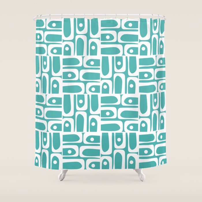 Mid Century Modern Piquet Geometric Multi Pattern Turquoise and White Shower Curtain Gallery Image 1