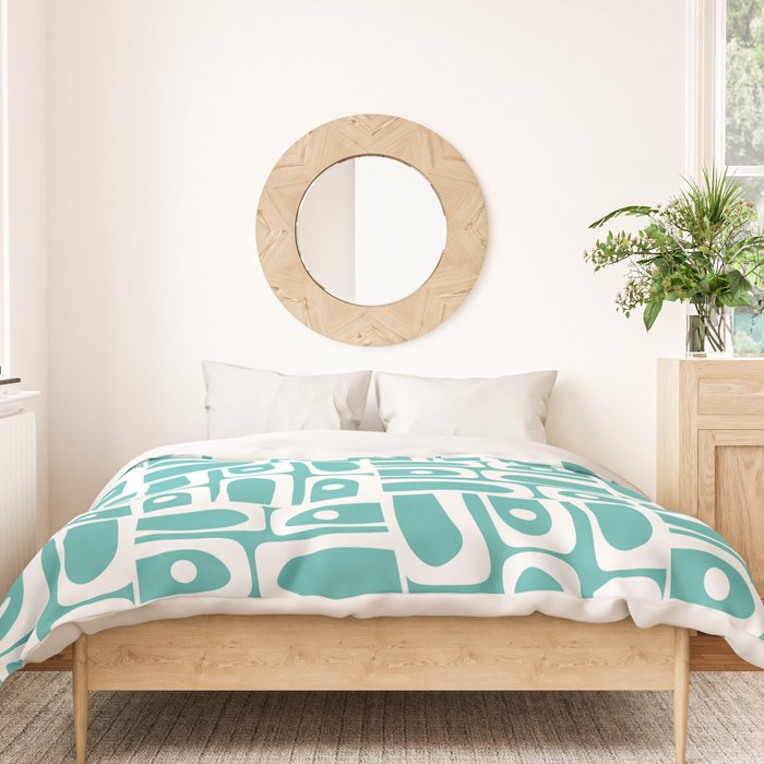Mid Century Modern Piquet Geometric Multi Pattern Turquoise and White Duvet Cover Gallery Image 3