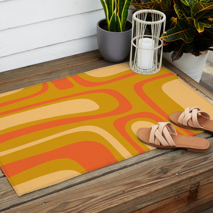 Palm Springs Mid Mod Abstract Tangerine Orange and Mustard Ochre Outdoor Rug Gallery Image 2