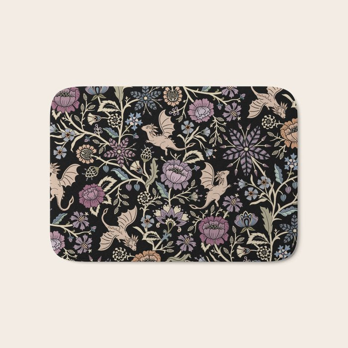 Pollinator Dragons - fantasy, goth floral - muted jewel tones on black Bath Mat Gallery Image 1