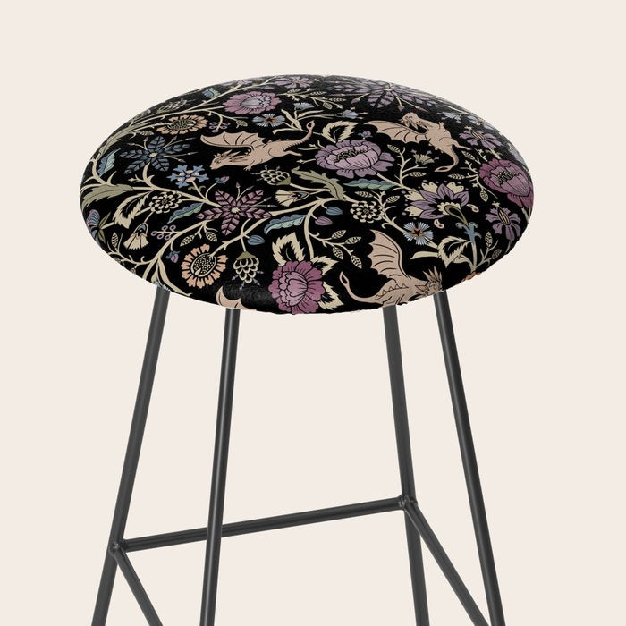 Pollinator Dragons - fantasy, goth floral - muted jewel tones on black Stool Gallery Image 2