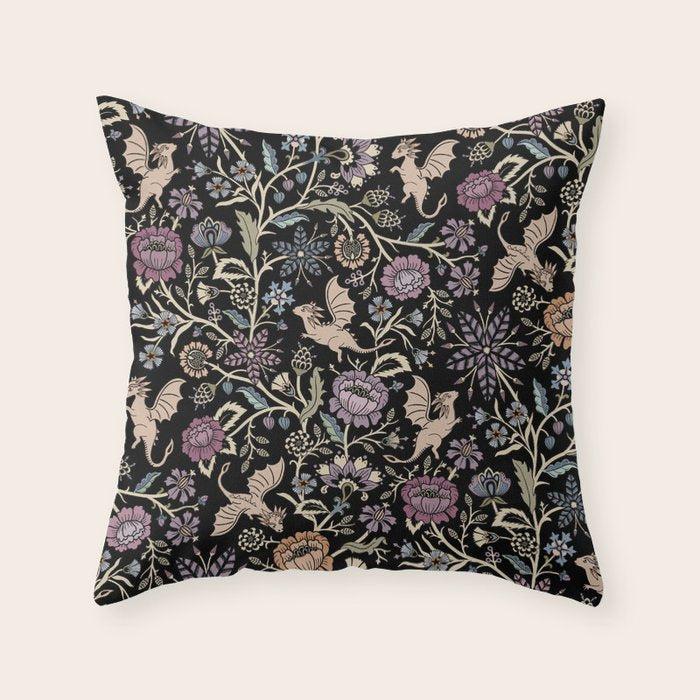 Pollinator Dragons - fantasy, goth floral - muted jewel tones on black Throw Pillow Gallery Image 1