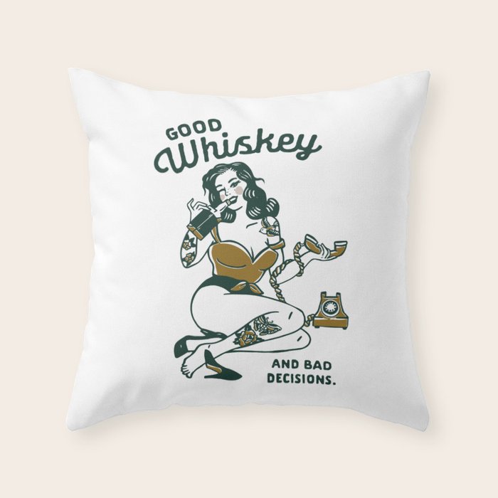 Good Whiskey & Bad Decisions: Funny Vintage Whisky Bar Decor Throw Pillow Gallery Image 6