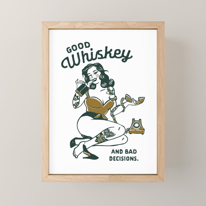 Good Whiskey & Bad Decisions: Funny Vintage Whisky Bar Decor Mini Art Print Gallery Image 1